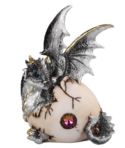 Silver Baby Dragon Hatchling in Egg Figurine